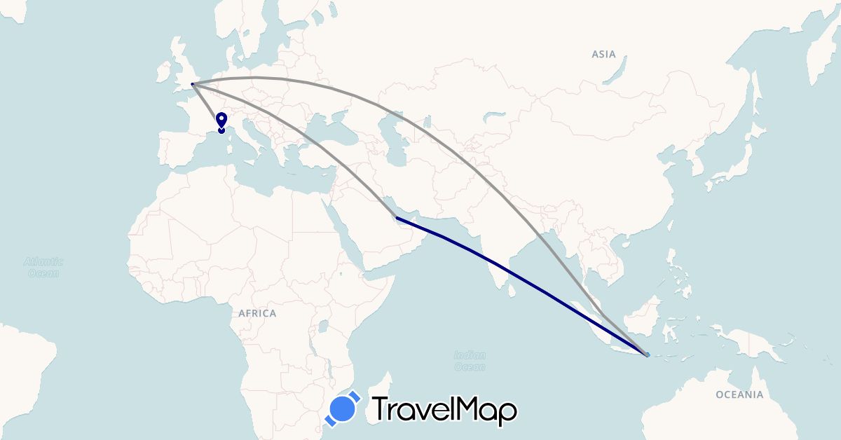 TravelMap itinerary: driving, plane, hiking, boat, motorbike in France, United Kingdom, Indonesia, Qatar, Singapore (Asia, Europe)